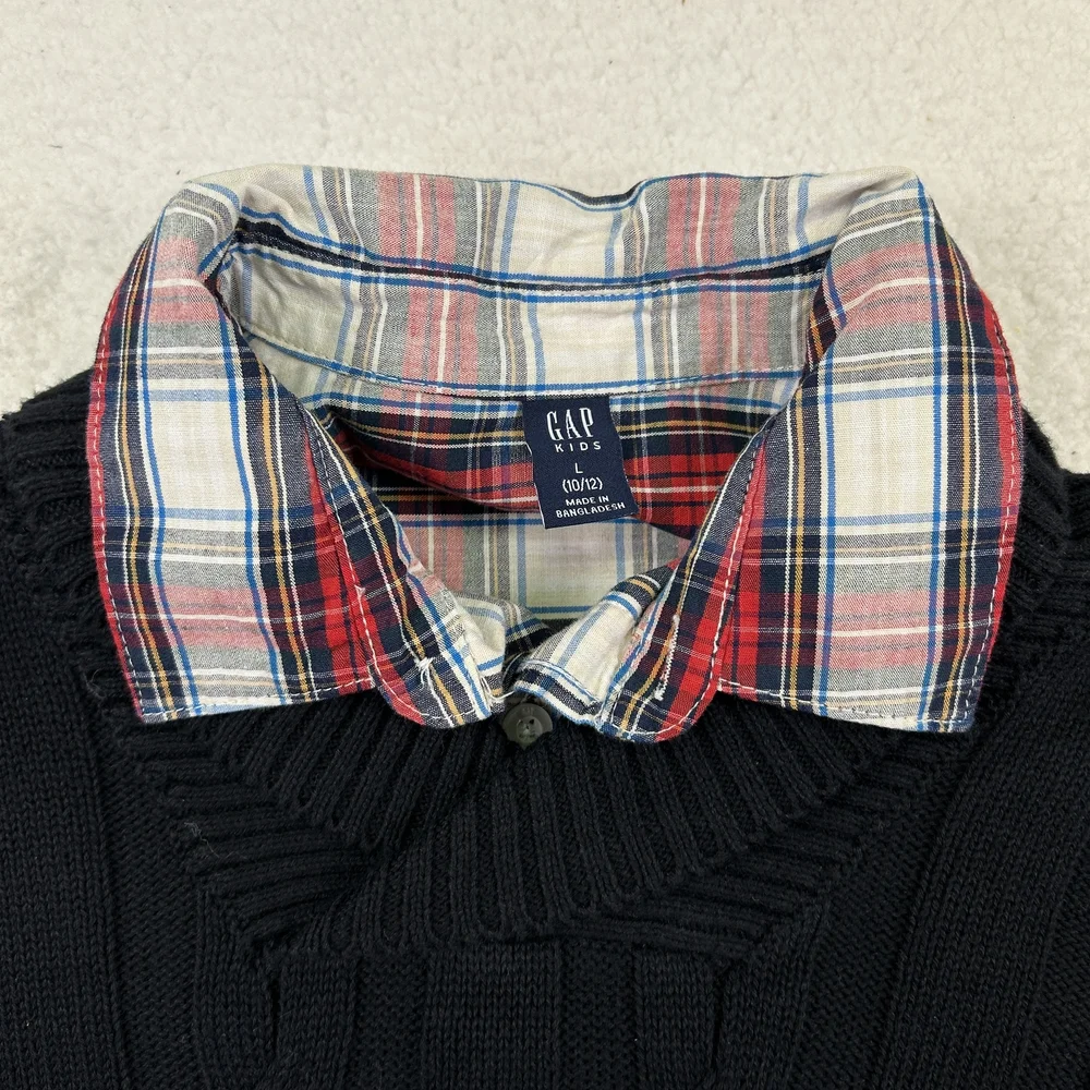 GAP Kids Sweater Shirt Set Youth Large 10/12 Black Plaid Layered Look